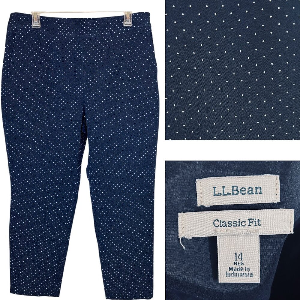 LL Bean Ankle Pants Sz‎ 14 Large Navy Blue Polka Dot Classic Fit Stretch Cropped